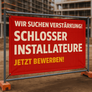 Bauzaunbanner Stellenanzeige Schlosser mit Jobangebot für Schlosser – gedruckt auf Mesh vor Industrie-Kulisse