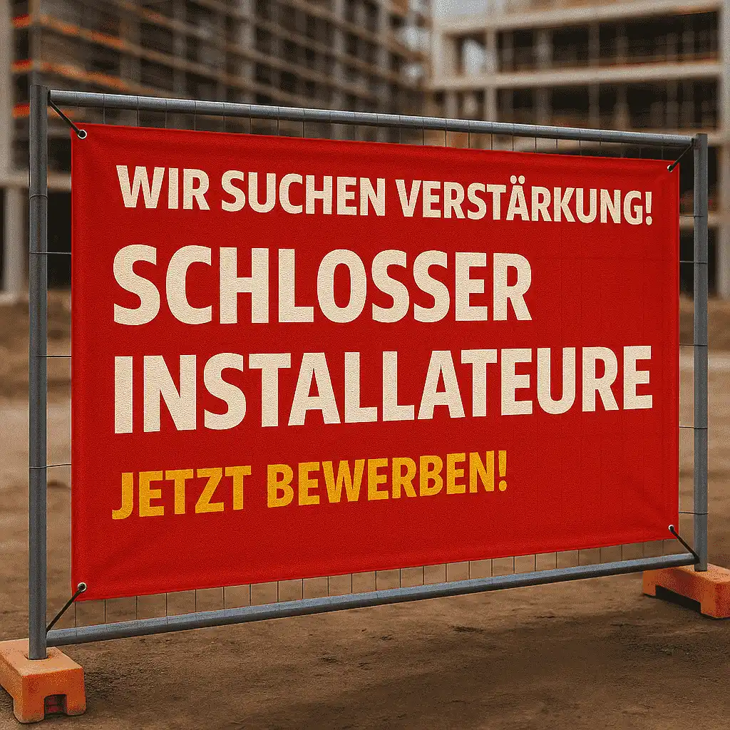 Bauzaunbanner Stellenanzeige Schlosser mit Jobangebot für Schlosser – gedruckt auf Mesh vor Industrie-Kulisse