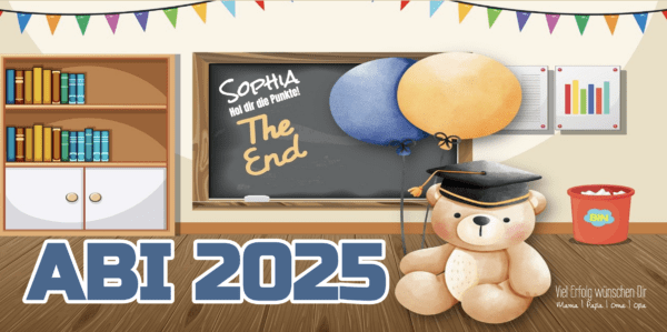 Abibanner selbst gestalten 2025 mit Schulmotiv, Tafelaufschrift „The End“, Ballons und einem Teddybär im Doktorhut – personalisiert für Sophia.
