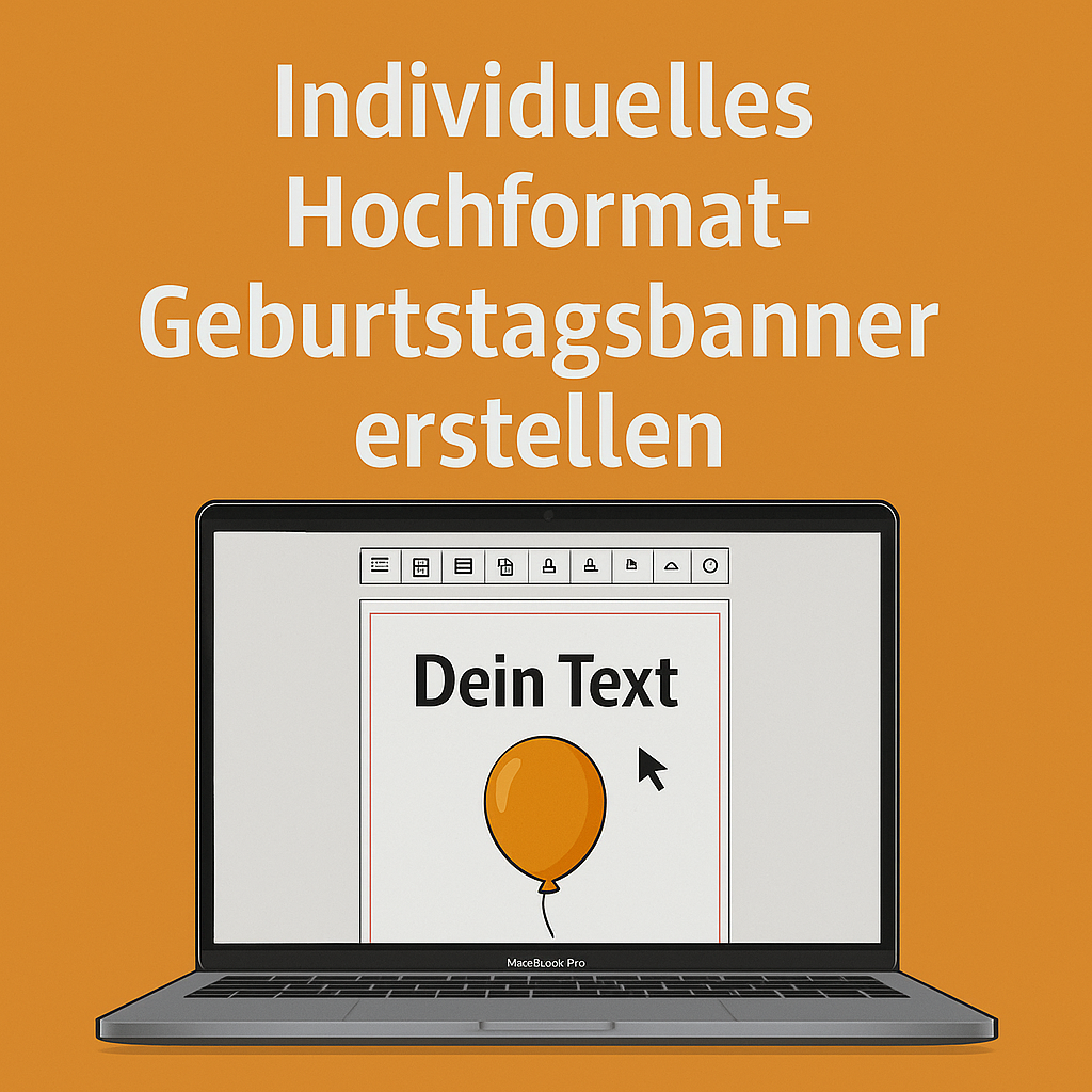geburtstagsbanner-hochformat-online-gestalten Banner zum Geburtstag - Laptop mit Designansicht zum Erstellen eines Hochformat-Geburtstagsbanners mit Text und Ballon-Clipart