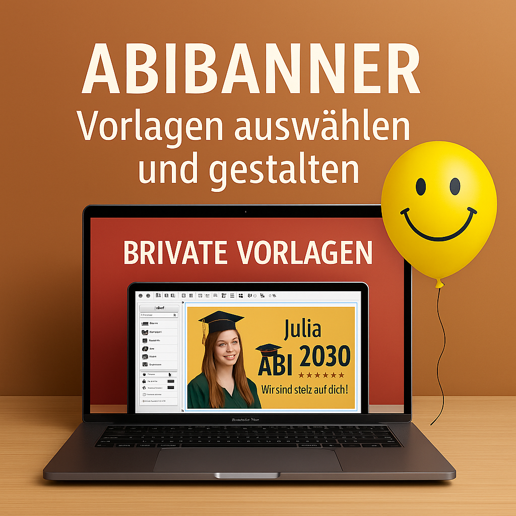 Laptop mit Abibanner-Vorlage „Julia ABI 2030“, gelber Smiley-Ballon, Text „Abibanner – Vorlagen auswählen und gestalten“