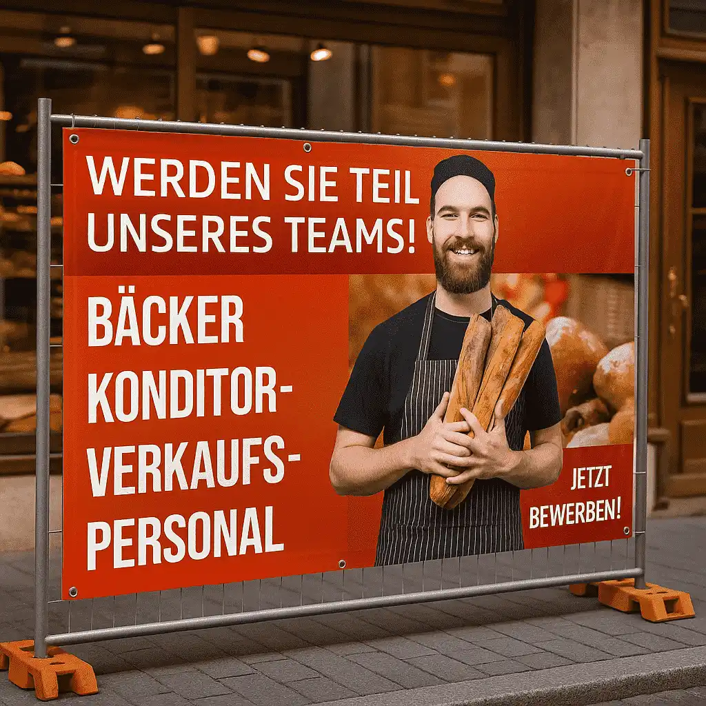 Bauzaunbanner Stellenangebot Bäcker, Konditor und Verkaufspersonal vor einer Bäckerei