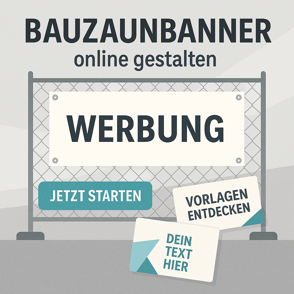 Illustration eines Bauzauns mit Werbebanner, Schriftzug „WERBUNG“, Buttons „Jetzt starten“ und „Vorlagen entdecken“, Hinweis „Dein Text hier“