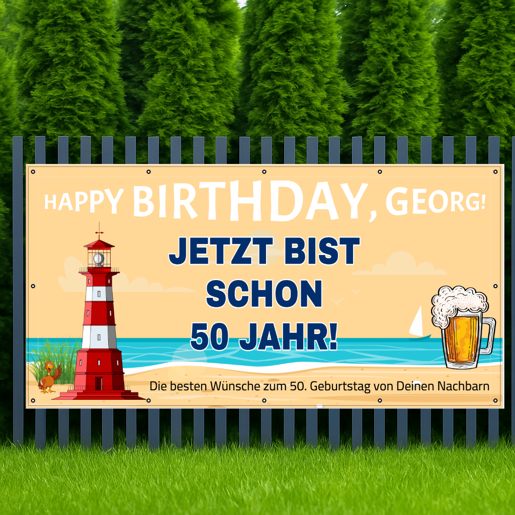 geburtstagsbanner-50-bannerdruck-werbebanner-geburtstag Geburtstagsplakat gestalten mit Leuchtturm, Bierkrug und maritimen Elementen zum 50. Geburtstag