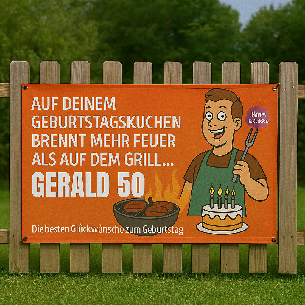 geburtstagsbanner-bannerdruck-banner-drucken Lustiges Banner für Geburtstag mit Grill und Kuchen: Gerald wird 50, auf dem Banner steht „Auf deinem Geburtstagskuchen brennt mehr Feuer als auf dem Grill“