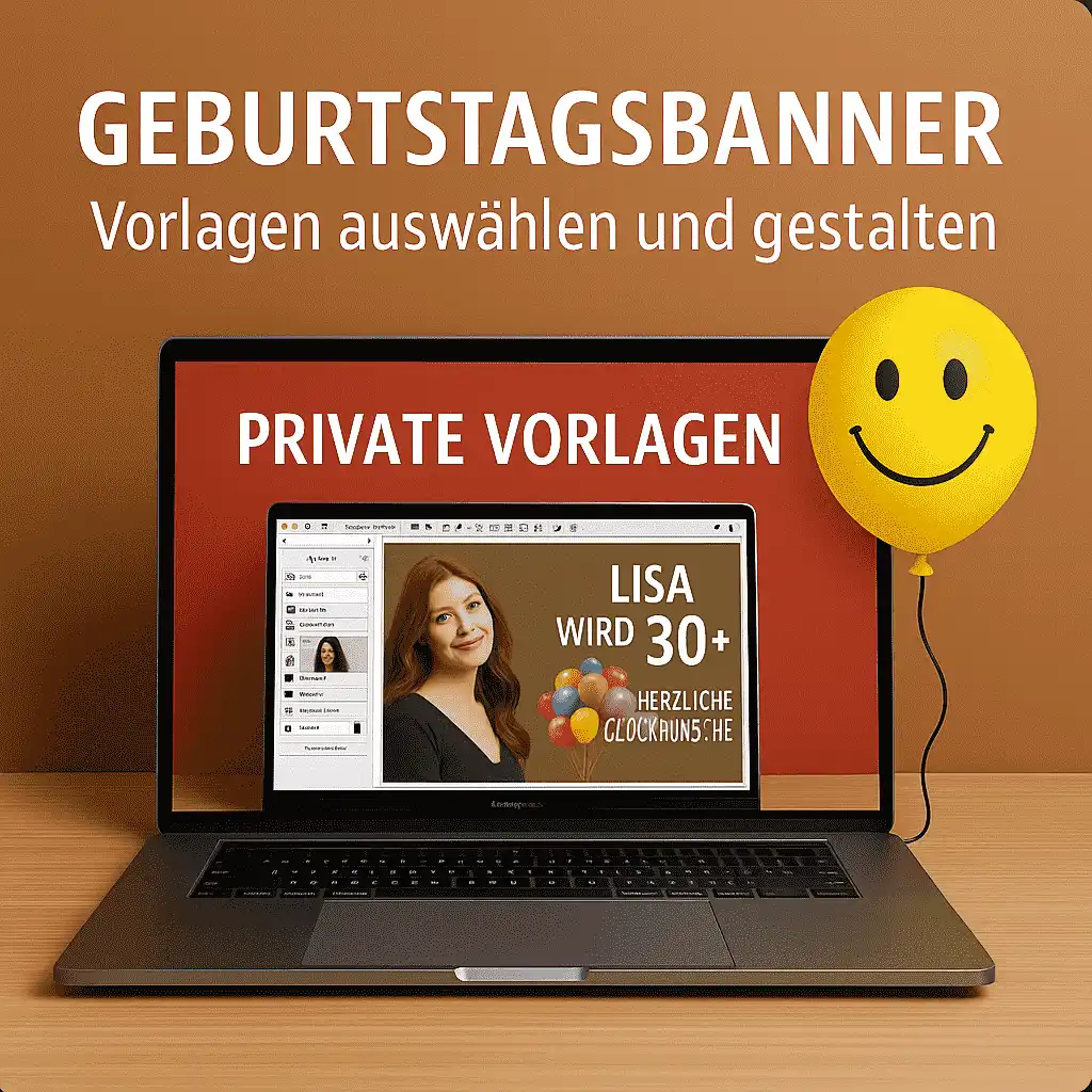 Laptop mit Geburtstagsbanner-Vorlage „Lisa wird 30+“, daneben ein gelber Luftballon mit Smiley und der Aufschrift „Private Vorlagen“