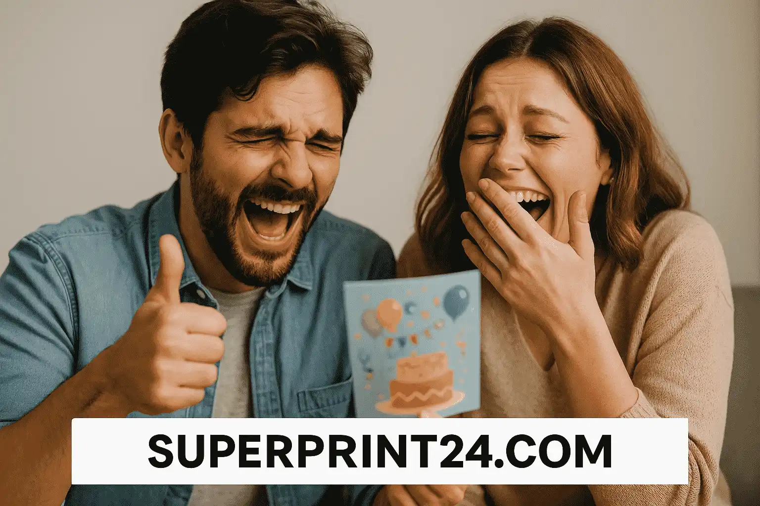 Zwei Menschen lachen über lustige Geburtstagssprüche – Visualisierung von Superprint24