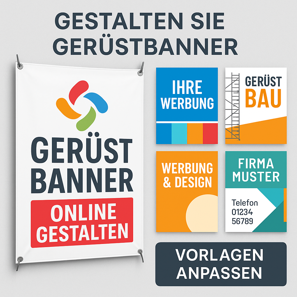 Gerüstbanner mit Logo und Aufschrift „Online gestalten“, daneben Designvorlagen für „Ihre Werbung“, „Gerüstbau“, „Werbung & Design“ und „Firma Muster“