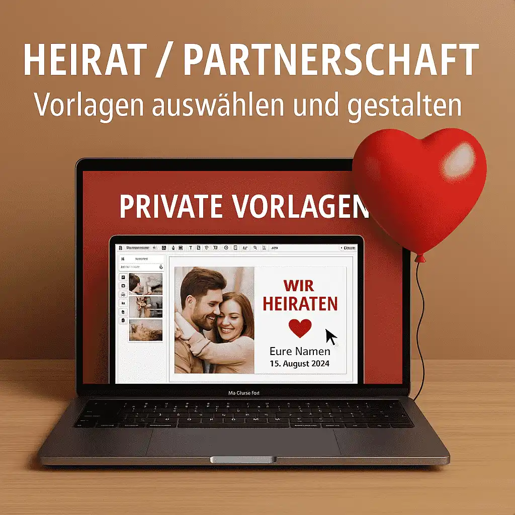Laptop mit Hochzeitsbanner-Vorlage „Wir heiraten“, daneben ein roter Herzballon, Text „Heirat / Partnerschaft – Vorlagen auswählen und gestalten“