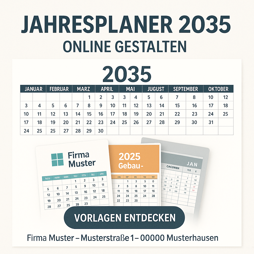 Jahreskalender 2035 mit Monatsübersicht, Firmendesign und der Aufschrift „Vorlagen entdecken“ – Jahresplaner 2035 online gestalten