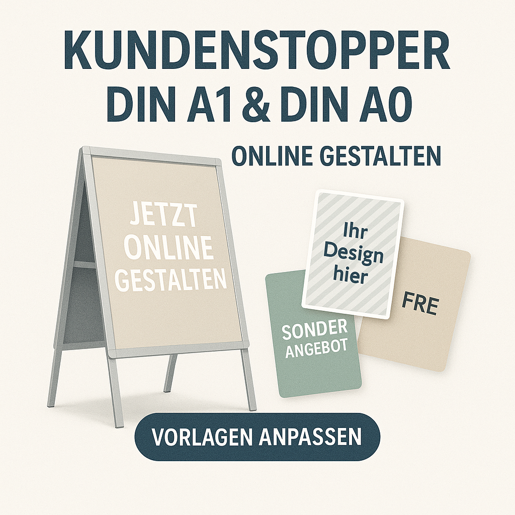 Kundenstopper mit Aufschrift „Jetzt online gestalten“, daneben Karten mit Texten wie „Ihr Design hier“, „Sonderangebot“ und „FRE“, Überschrift: „Kundenstopper DIN A1 & DIN A0 online gestalten“