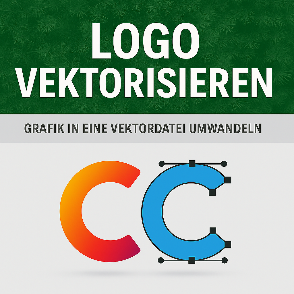 Vergleich von normalem Logo und vektorisiertem Symbol mit Ankerpunkten, Text: „Logo vektorisieren – Grafik in eine Vektordatei umwandeln“