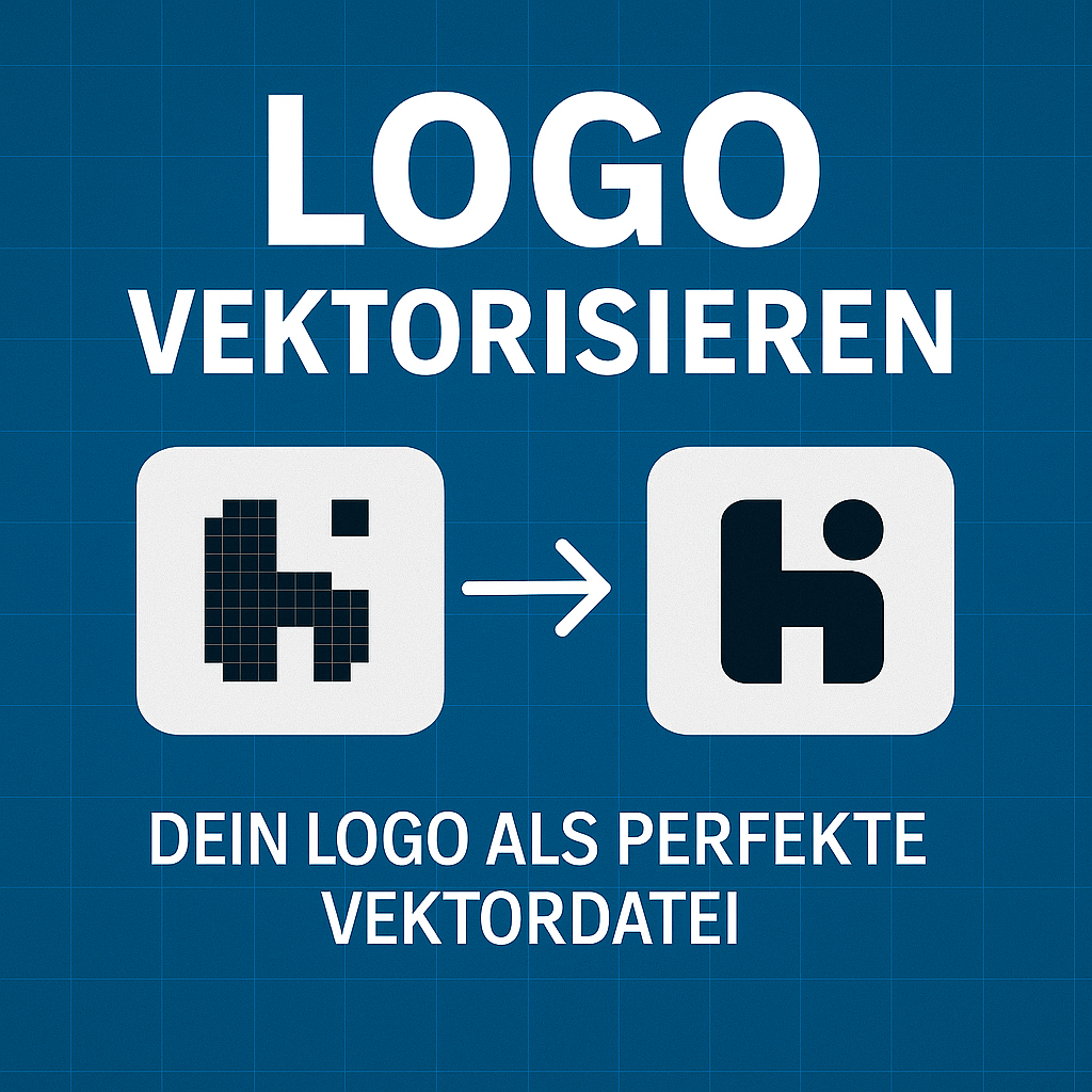 Vergleich: verpixeltes Rasterlogo links und vektorisiertes Logo rechts, Text „Logo vektorisieren – Dein Logo als perfekte Vektordatei“