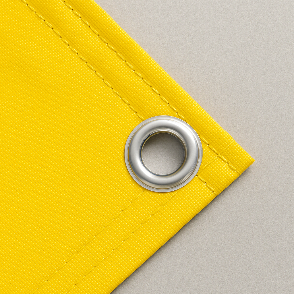 Ösen und Säumen bei Bannern – Detailansicht einer silbernen Öse mit verstärktem Rand an geschweißter PVC-Kante