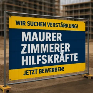 Bauzaunwerbung Stellenangebot für Maurer, Zimmerer und Hilfskräfte an einer Baustelle