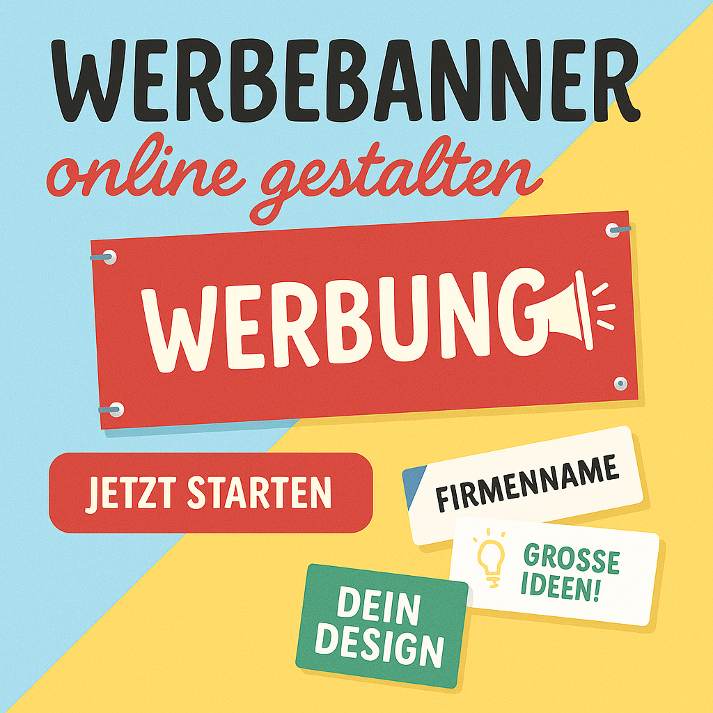 Buntes Werbebanner mit Aufschrift „WERBUNG“, Buttons „Jetzt starten“