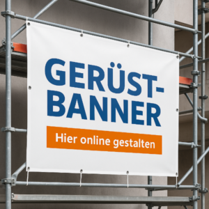 Fassadenbanner mit Werbeaufdruck, gespannt über eine mehrstöckige Gebäudefront