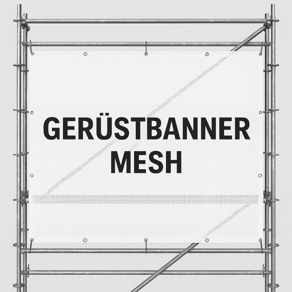 Gerüstbanner aus Mesh – luftdurchlässige Werbeplane mit schwarzer Aufschrift in ein Baugerüst eingespannt