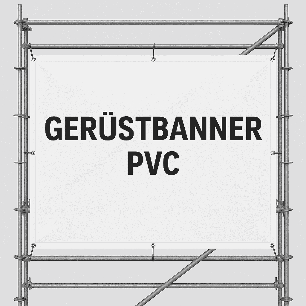 Gerüstbanner aus PVC – weiße Plane mit schwarzer Aufschrift in einem Stahlrohrgerüst montiert