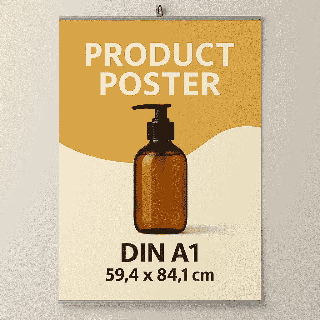 Poster im DIN A1 Format mit brauner Flasche auf gelb-cremefarbenem Hintergrund, aufgehängt an einer neutralen Wand