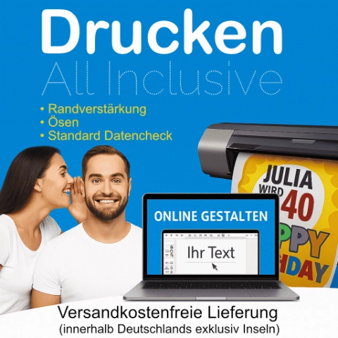 Drucker mit Geburtstagsbanner „Julia wird 40“, daneben ein Laptop mit Online-Designer und der Aufschrift „Drucken All Inclusive – Ösen, Randverstärkung & Datencheck inklusive“