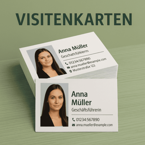 Visitenkarten im Querformat mit Beispielmotiv – personalisiert mit Foto, Name, Berufsbezeichnung und Kontaktdaten, platziert auf einem grünlichen Untergrund mit der Aufschrift VISITENKARTEN im oberen Bereich