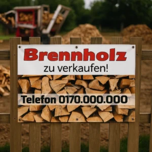 Brennholzbanner am Zaun befestigt – robuste Plane mit Aufdruck „Brennholz zu verkaufen“ und Telefonnummer, ideal zur Brennholzwerbung