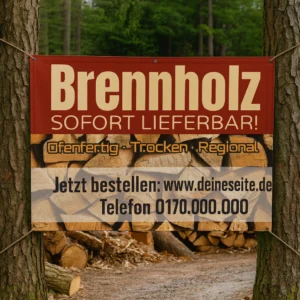 Kaminholz Werbebanner am Baum befestigt – robuste Plane für Brennholzwerbung, wetterfest und langlebig, gut sichtbar im Wald