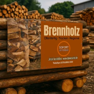 Ofenholz Verkaufsbanner - Kaminholz Werbebanner am Holzlager – robuste PVC- oder Mesh-Plane für Brennholzwerbung, wetterfest und langlebig