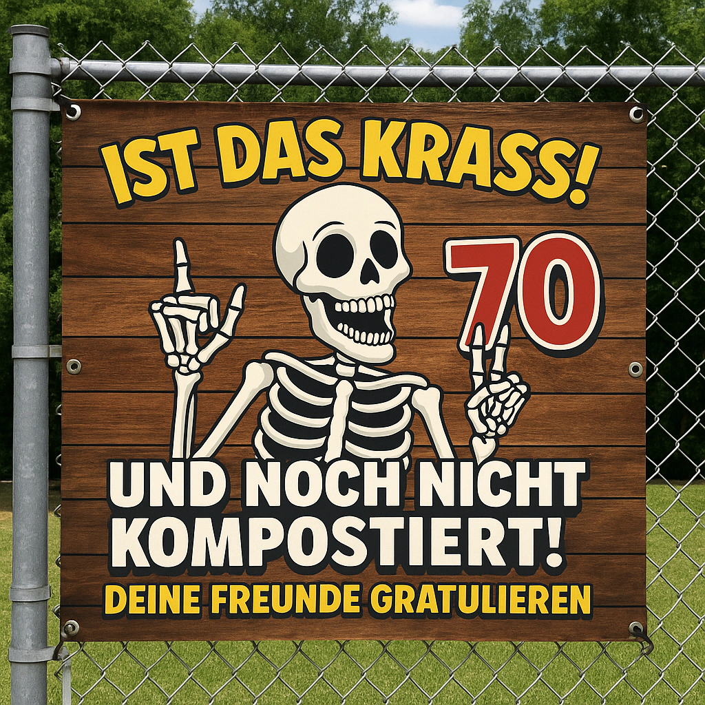 Geburtstags-Poster - Witziges Geburtstagsbanner zum 70. Geburtstag mit Skelett und Bier – Spruch „Ist das krass! Und noch nicht kompostiert! Deine Freunde gratulieren“