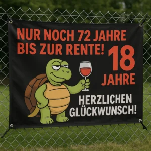 Geburtstagsplakat 18 - Lustiges Geburtstagsbanner 18 Jahre mit Schildkröte und Weinglas – witziges Motiv mit Spruch „Nur noch 72 Jahre bis zur Rente“, wetterfest und perfekt für Garten oder Zaun.