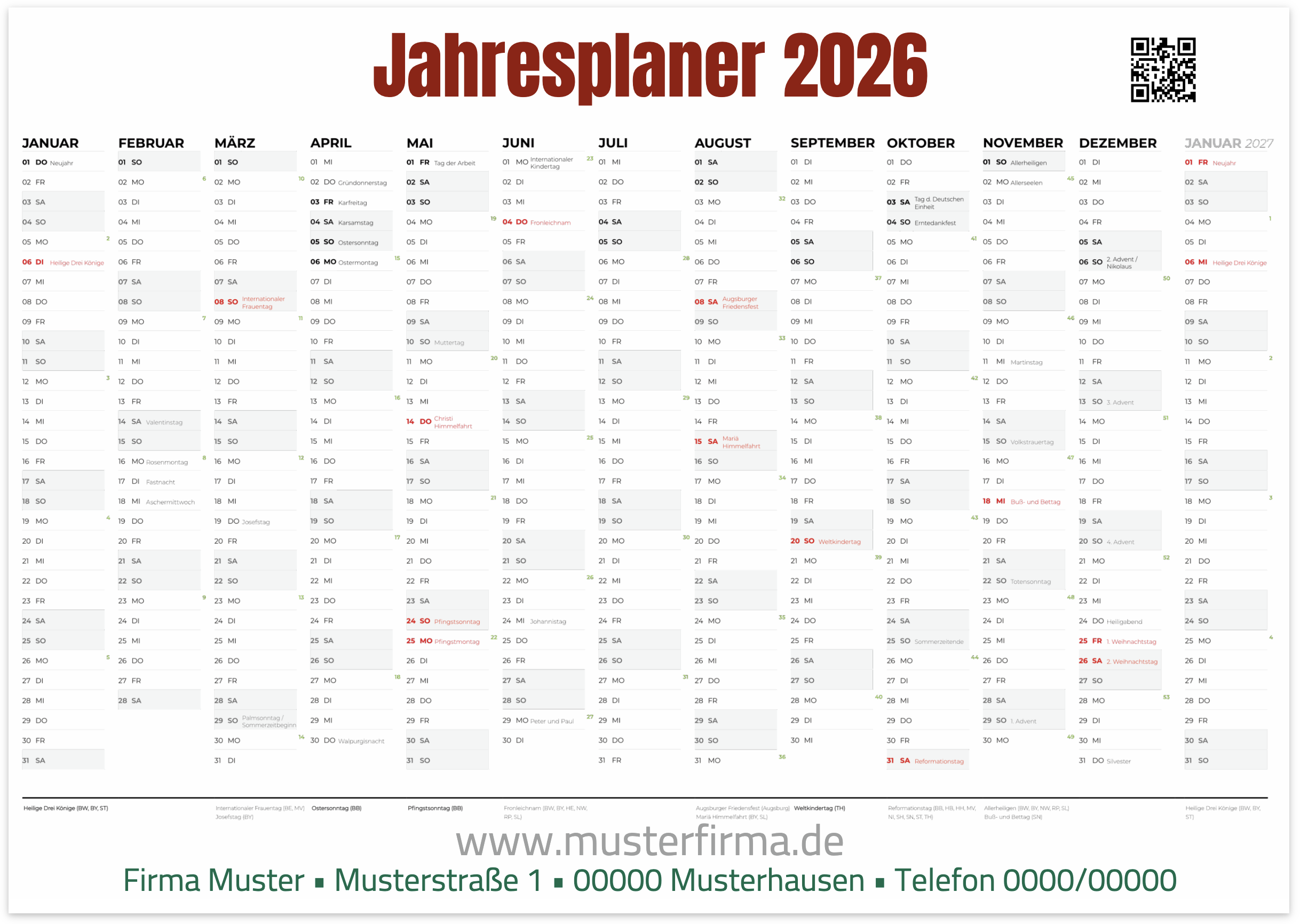 Jahresplaner Jahreskalender DIN A0 - Wandkalender zum online individuell anpassen